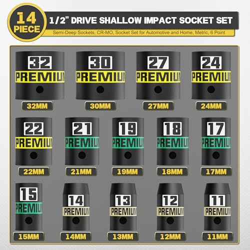 14-Piece 1/2" Drive Shallow Impact Socket Set, 11-32mm, Semi-Deep Sockets, CR-V, Socket Set for Automotive and Home, Metric, 6 Point - size: 1/2" 14pcs Metric Shallow