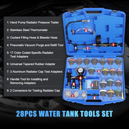 JIFETOR Radiator Coolant Pressure Tester Vacuum Refill Tool 28PCS Kit Blue | Automotive Cooling System Leak Test & Pneumatic Purge Fill Set with 21PCS Testing Adapter Cap Universal for Airlift Car Truck - color: Blue Case