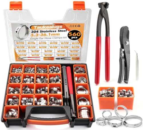 560PCS 22-Sizes Stepless Single Ear Hose Clamp Kit with Pliers & Cutter, 5.3-36.1mm (1/4"-1-3/8") 304 Stainless Steel Anti-Corrosion Clamps for Automotive Fuel Line,CV Boot,HVAC,Radiator & PEX - size: 560PCS