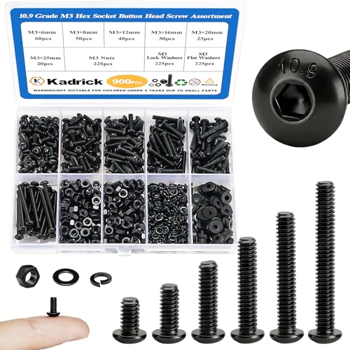 Kadrick 900Pcs M3 Screw Assortment,Machine Screws with Nuts Washers, Grade 10.9 Alloy Steel Hex Socket Button Head Black M3 Bolts Kit,Lenth Form 6mm-25mm - size: M3 900Pcs 6-25mm