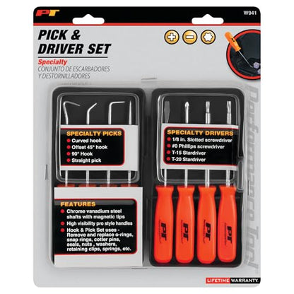 Performance Tool W941 8-Piece Specialty Pick/Driver Set, Precision Pick & Hook Set with Scraper