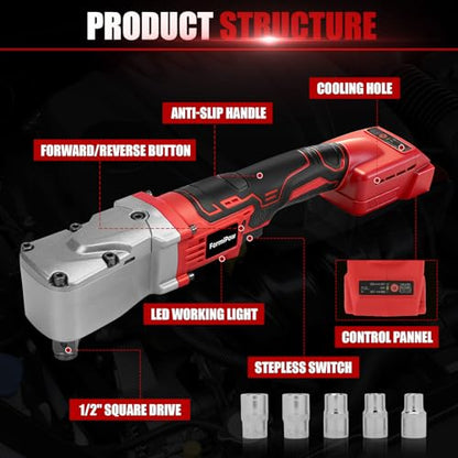 Right Angle Impact Wrench for Milwaukee M18 Battery (No Battery) | 1/2" Square Drive, 280Nm, 2-Speed Control, Cordless Design, LED Light, Safety Lock, Includes 5 Sockets for Tight Spaces