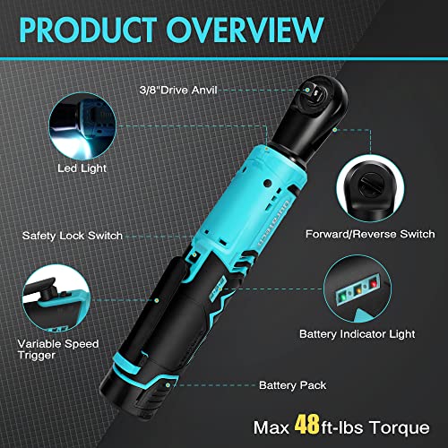 DURATECH Cordless Electric Ratchet Wrench Set, 48 Ft-lbs 3/8" 12V Power Ratchet Wrench with 2PCS 2.0Ah Li-Ion Battery, 1 Hour Fast Charger, 8PCS Sockets, Extension Bar, Adaptor, Variable Speed Trigger - style: Normal Head