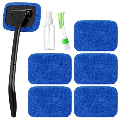 FoldTier 8 Pcs Car Windshield Cleaner Tool Kit with Removable Handle, Microfiber Towel Pads, Brush, Empty Spray Bottle for Auto Glass Wiper Suvs Rvs & Home Windows(Royal Blue) - color: Royal Blue