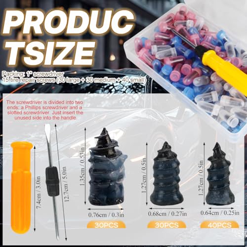 Tire Plug Screws Kit Tire Repair Rubber Studs with Screwdriver 3 Size Mending Nail Plugs Tyre Repair 100 Pieces - size: 3 size 100pieces