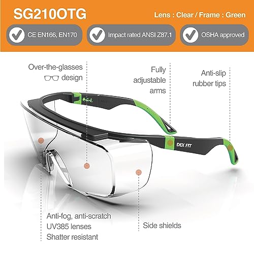 DEX FIT Safety Glasses Over Eyeglasses SG210 - Anti-Fog & Scratch Resistant Z87.1 Certified, Adjustable Temples, Side Shields, UV Protection, Clear Lens PPE for Men & Women; Black & Green, 1 PC - color: Black/Green - Clear, size: 1 PC