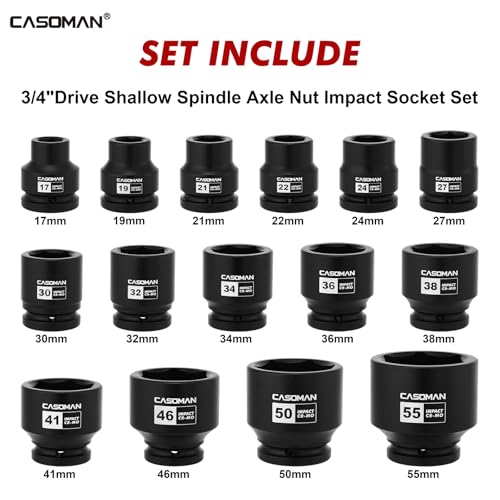 CASOMAN 15-Piece 3/4" Drive Shallow Spindle Axle Nut Impact Socket Set, 6-Point, Standard Large Socket Set, Metric (17mm -55mm), CR-MO Steel, with Storage Case