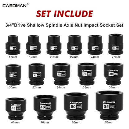 CASOMAN 15-Piece 3/4" Drive Shallow Spindle Axle Nut Impact Socket Set, 6-Point, Standard Large Socket Set, Metric (17mm -55mm), CR-MO Steel, with Storage Case