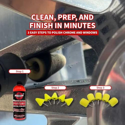 Renegade Products Wheel Window Polishing Bundle – Pro Red Liquid Metal Polish with 1/8" Foam Polishing Cones & Barrels – Drill Attachment Kit for Aluminum & Stainless Steel for Wheels & Tight Spaces