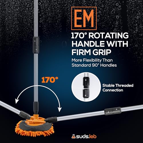 Suds Lab EM Extendable Wash Mitt with 170° Telescopic Handle – 58" Car Wash Mop with 2 Scratch-Free Chenille Microfiber Car Washing Mitts for SUVs, RVs and Trucks