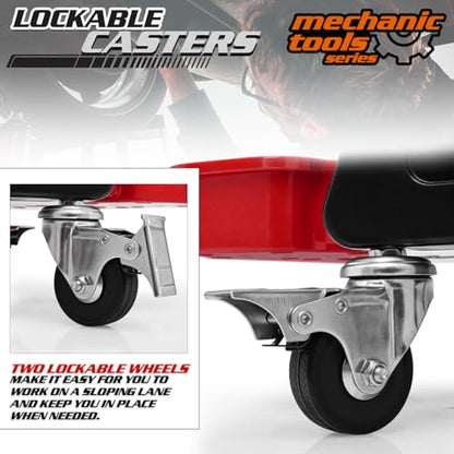 M-AUTO Mechanic Stool Detailing Seat Mobile Rolling Utility Creeper Seat w/Lockable Swivel Wheels, 300LBS Capacity Roller Creeper Seat w/Storage Tool Tray and Drawers, 23" Red