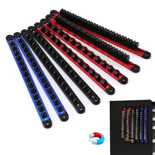 EMENTOL 8-Piece Magnetic Socket Organizer and Screwdriver Organizer Set, 6-Piece Detachable Trays for 1/4", 3/8", 1/2" Sockets & 2-Piece Screwdriver and Wrench Holder, Aluminum Alloy Storage for Tools - size: 8-Piece Set