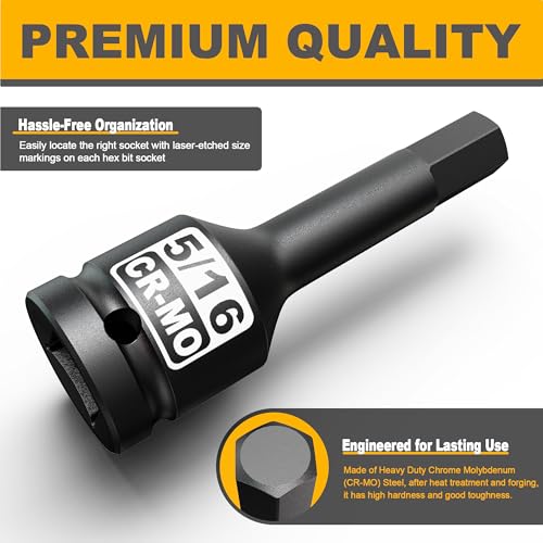 1/2" Drive H5/16-Inch Impact Hex Bit Socket, SAE Allen Bit Socket, Cr-Mo Steel, Removing Loosening Hexagon Bolts - size: 1/2" H5/16 Deep