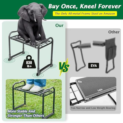 ikkle Heavy Duty Garden Kneeler and Seat, 838LB+ Capacity | Gardening Stool with Thicken & Widen Soft Kneeling Pad, Foldable Gardener Stool with Tool Pouch, Gift for Women, Gardeners
