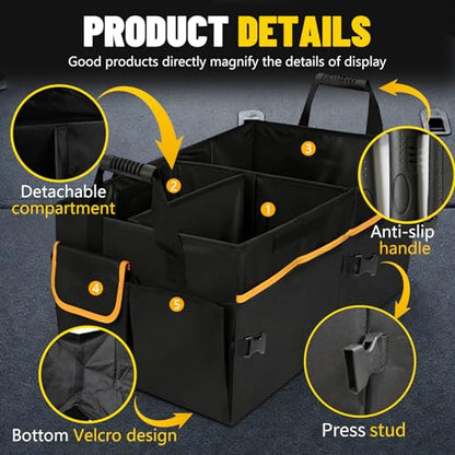 95L Car Trunk Organizer with 2 Tie-Down Straps&2 Removable Dividers|Foldable Cover,Multi-Compartment Collapsible Storage Box for SUV&Sedan&Truck|Non-Slip Bottom,3mm Durable PE Board Construction