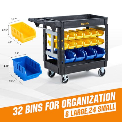 ELAFROS 2-Tier Heavy Duty Utility Cart with 32 Storage Bins, 40.7 x 17 in | 550 lbs Capacity, Deep Tub Shelves, Rolling Service Cart, Locking Wheels, Tool Organizer, Workshop Garage Office Storage Bins