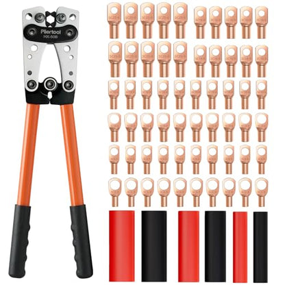 Battery Cable Crimper Tool For AWG 10-1/0 Gauge Electrical Lug, Battery Terminal Connectors with 60PCS Copper Wire Lugs, Wire Crimping Tool For Heavy Duty Copper Wire Lugs