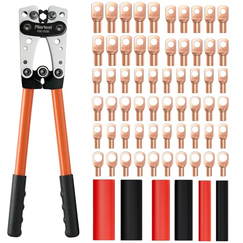 Battery Cable Crimper Tool For AWG 10-1/0 Gauge Electrical Lug, Battery Terminal Connectors with 60PCS Copper Wire Lugs, Wire Crimping Tool For Heavy Duty Copper Wire Lugs