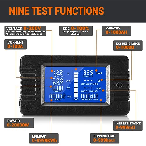 DC Multifunction Battery Monitor Meter, 0-200V 0-100A LCD Display Digital Current Multimeter Voltmeter Ammeter for Cars Rv Solar System