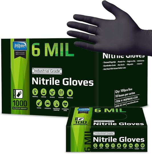 Inspire Black Nitrile Gloves HEAVY DUTY 6 Mil Nitrile Chemical Resistant Medical Cooking Cleaning Disposable Black Gloves - size: Medium, style: Black 6mil Case of 1000