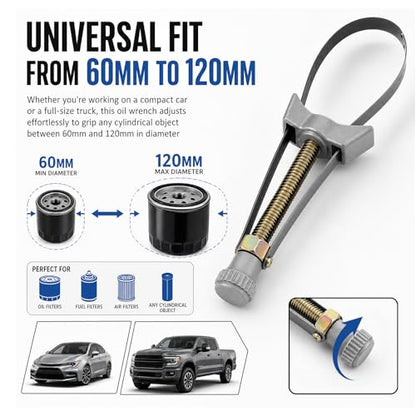 60-120mm Adjustable Oil Filter Wrench,Heavy Duty Oil Filter Strap Wrench | Fits 2-3/8" - 4-3/4" Filters,Stainless Steel Band,Quick Disassembly,Professional Oils Filters Removal Tool for Most Vehicles