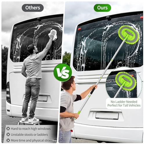 Car Wash Brush with Long Handle - 62" Car Wash Kit with Chenille Microfiber Cleaning Brush, Car Washing Mop with 3 Replacement Mitts, Scratch-Free Scrub Washer Wand for Vehicles, RV, Truck Green - color: Green