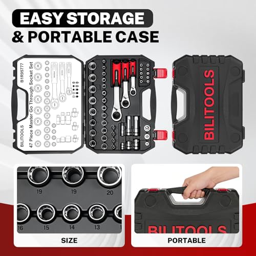 BILITOOLS 47 PCS Pass Through Socket Set with 1/4" & 3/8" & 1/2" Drive | Convertible Ratchet Wrenches (13/19/22mm), Spline Sockets and Bits, Pass Thru Go Through Mechanics Tools Set For Tight Spaces - style: 47-Piece Pass Through Socket Set