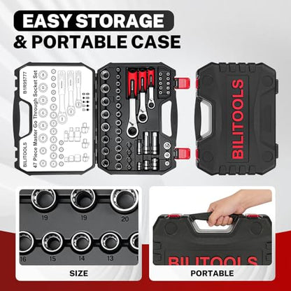 BILITOOLS 47 PCS Pass Through Socket Set with 1/4" & 3/8" & 1/2" Drive | Convertible Ratchet Wrenches (13/19/22mm), Spline Sockets and Bits, Pass Thru Go Through Mechanics Tools Set For Tight Spaces - style: 47-Piece Pass Through Socket Set