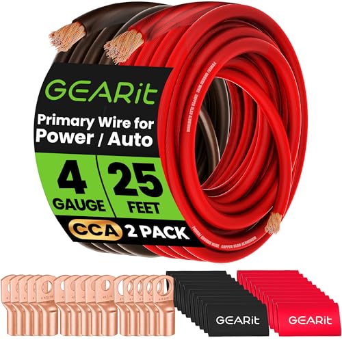GEARit 4 Gauge Wire Kit CCA 3-in-1, 4 AWG Power Ground Battery Cable 25 ft Black/Red, with Lugs & Heat Shrink - color: 4 Gauge Wire, size: Black/Red 25ft Each + Lugz + Shrink Wrap