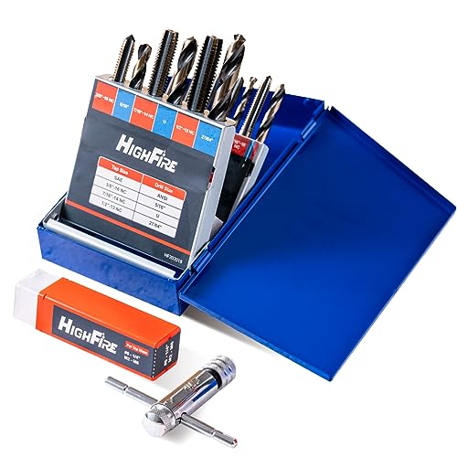 HIGHFIRE 18pcs SAE Drill and Tap Set with 1 Piece T-Handle Ratchet Tap Wrench Capacity Range #0-1/4", Black and Gold Premium HSS Jobber Length Drill Bits and Hand Plug Taps with Metal Indexed Box - size: 18 SAE set