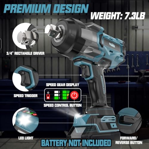 Cordless Impact Wrench 3/4" Compatible with Makita 18V Battery, 1850Ft-lbs(2500N.m) High Torque Impact Gun Heavy Duty, Brushless Electric Power Impact Driver with 4 Speed Modes & LED Work Light - size: 3/4" 2500NM Compatible with Makita