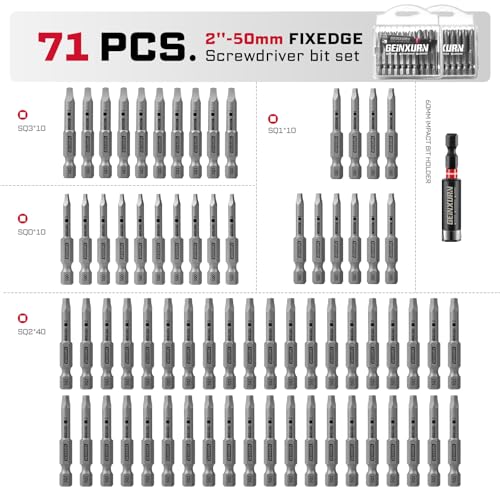Geinxurn 71Pieces Fixedge Screwdriver Bit Set, 2Inches #1#2#3 Square Magnetic Alloy Steel Insert Power Bits Tips with Impact Bit Holder and Portable Storage Cases for Home Repair - style: FXSQ050-071