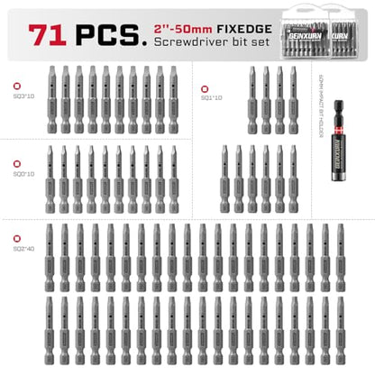 Geinxurn 71Pieces Fixedge Screwdriver Bit Set, 2Inches #1#2#3 Square Magnetic Alloy Steel Insert Power Bits Tips with Impact Bit Holder and Portable Storage Cases for Home Repair - style: FXSQ050-071