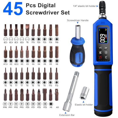 46 Pcs Digital Torque Screwdriver Set 1/4",0.8-53.2 LB.IN Adjustable Inch Pound Torque Screwdriver, Torque Wrench Screwdriver ±1% Accuracy, LCD with Buzzer & LED Alerts - size: 1/4" 0.8-53.2 LB.IN