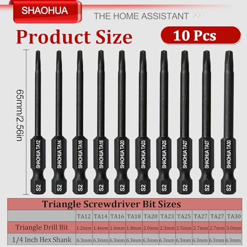 10PCS Triangle Screwdriver Set, 2.5Inch Long Triangle Screwdriver, Magnetic Screwdriver Bit Set, S2 Steel Screwdriver Drill Bit Set,1/4 Hex-Shank Drill Bit Set, Sizes TA12/14/16/18/20/23/25/27 (x2)/30 - style: A. Triangle Screwdriver Bits