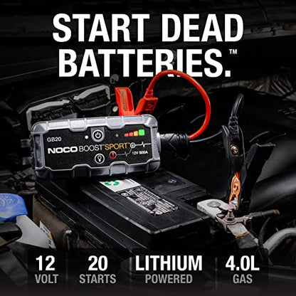 NOCO Boost GB20: 500A UltraSafe Jump Starter – 12V Lithium Battery Booster Pack, Portable Jump Box, Power Bank & Jumper Cables - for 4.0L Gas Engines