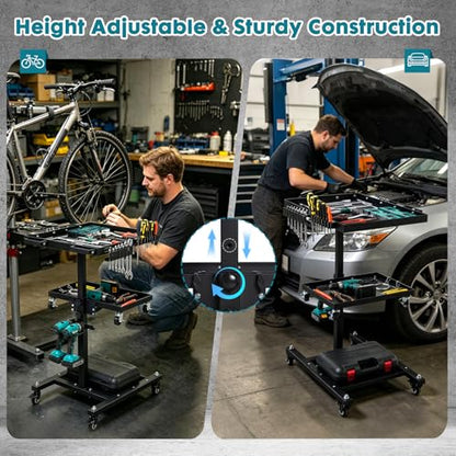 OLBRUS Rolling Work Table Adjustable Height - 3-Tier Removable Tool Cart with Wheels, Portable Mechanic Organizer with Drill Storage & Lockable Casters for Garage, Workshop, Bicycle Repair