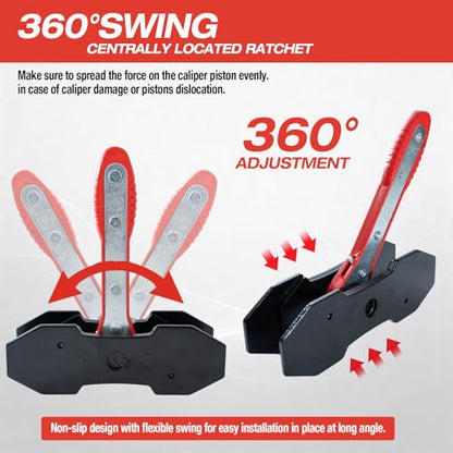 360° Ratcheting Brake Caliper Press Tool, For Quick Brake Pad Changes | Brake Caliper Tool with Piston Press Tool & 2 Steel Plates, Includes 2 Caliper Hooks + 1 Pair Gloves,Caliper Compression Tool