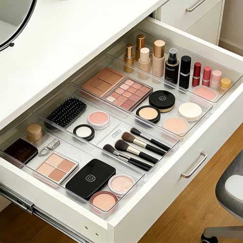 Manalete 8 Pack 15"x6" Extra Large Clear Plastic Drawer Organizer Trays, Multi-Purpose Storage Bins for Vanity, Makeup, Kitchen Utensils, Bathroom, Office Desk, Auto Tools & Craft Supplies - size: 8 Pack 15"×6"