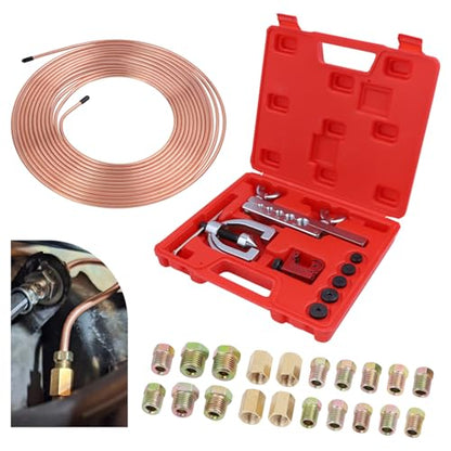 25 ft 3/16'' Copper Coated Brake Line Kit (Includes 16 Fittings and 4 Unions Brake Line Fittings) + Double & Single Flaring Tool Kit for Automotive, Fuel,Hydraulic Systems