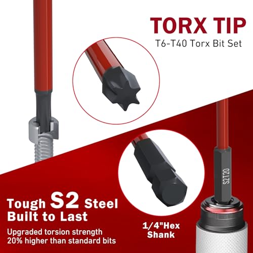 XOOL 13-Piece Long Torx Bit Set, 6-Inch (150mm), T6-T40, Magnetic S2 Steel, 1/4" Hex Shank, CNC Precision Tips for Impact Drivers, Drills, and Screwdrivers - style: Torx