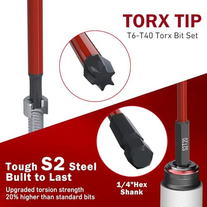 XOOL 13-Piece Long Torx Bit Set, 6-Inch (150mm), T6-T40, Magnetic S2 Steel, 1/4" Hex Shank, CNC Precision Tips for Impact Drivers, Drills, and Screwdrivers - style: Torx