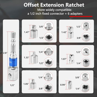 1/2" Offset Extension Wrench, Impact Ratchet Extender for Electric Drill with 6 Adapters & Sockets(3/8" 1/4" 1/2" )& 1/2'' Impact Adapter, High Torsion Wrench Set Slim Design for Tight Narrow Spaces - color: Sliver