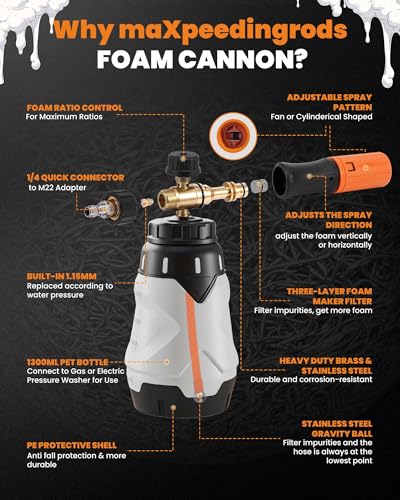 maXpeedingrods Foam Cannon for Pressure Washer, 1300ML Wide Mouth Quick Release Car Wash Foam Gun with Adjustable Soap Cannon & Thick Snow Foam, 1/4'' Quick Connector, with 2 Orifice Nozzle (White)
