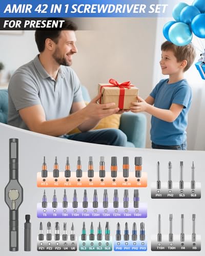 42 in 1 Magnetic Screwdriver Set, AMIR Ratchet Screwdriver Set for Christmas Gifts, DIY Repair Tool Kit with Magnetic Multi Bit, Rotatable T Handle for Furniture, Computer - color: Blue
