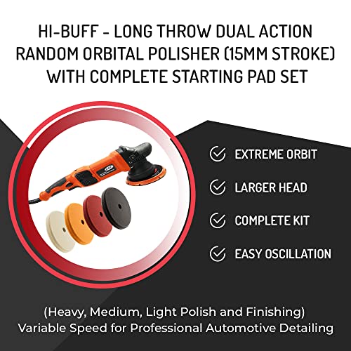 HI-BUFF 15mm Dual Action Random Orbital Polisher with Variable Speed – Long Throw DA Polisher Kit with Pads – 6" Backing Plate, 600W, Auto Detailing Tool