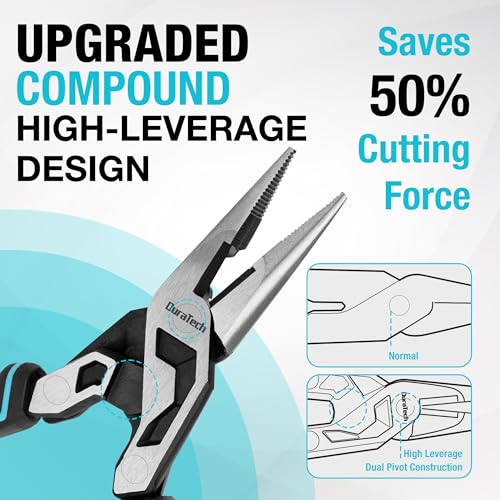 DURATECH 8.5-Inch Compound Needle Nose Pliers, Gen 2 Dual Pivot Design for Ultra Labor-Saving, High-Leverage Long Nose Pliers with Cutter, CR-V Steel for Gripping, Bending and Reaching