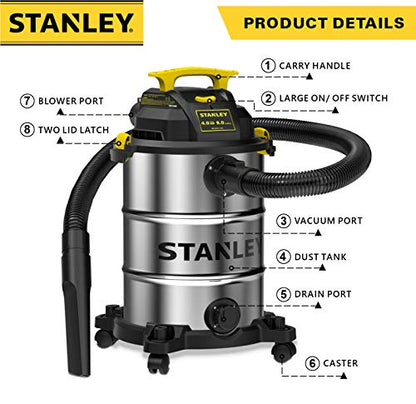 STANLEY 8 Gallon Wet Dry Vacuum, Powerful 4 Peak HP Motor, Stainless Steel Tank, 3 in 1 Shop Vacuum with Blower, Multifunctional Vacuum Cleaner for Home, Jobsite, Garage, Basement, Model: SL18117
