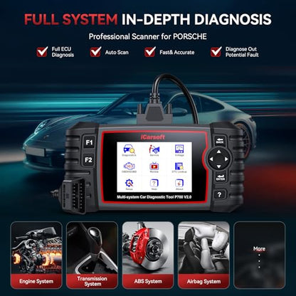 iCarsoft P700 V2.0 Diagnostic Scanner for Porsche from 1996 to 2025 9 Essential Services Full System Diagnosis Scan OBD2 Code Reader Battery/O2 Sensor/EVAP Test AutoVIN Lifetime Free Software Update - style: P700 V2.0 for Porsche