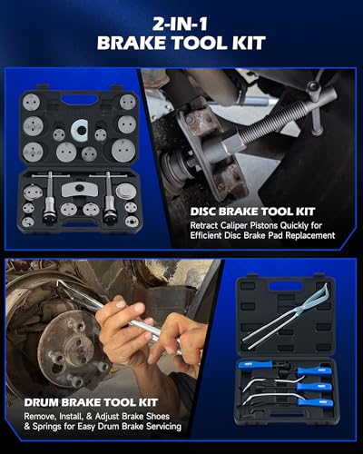 OMT 32pc Dual Brake Tool Kit w Caliper Compressor and Drum Brake Set, Black | Structural-Grade Steel; Black Oxide Chrome Finish; Piston Wind Back Set for Mechanics; Spring Pliers; 24 Adapters - color: Black
